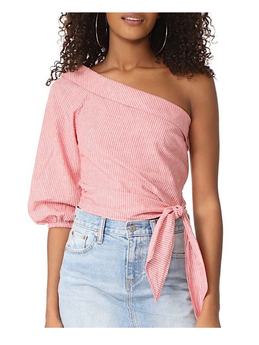 Free People Red/White Stripe One Shoulder Linen Blend Blouse